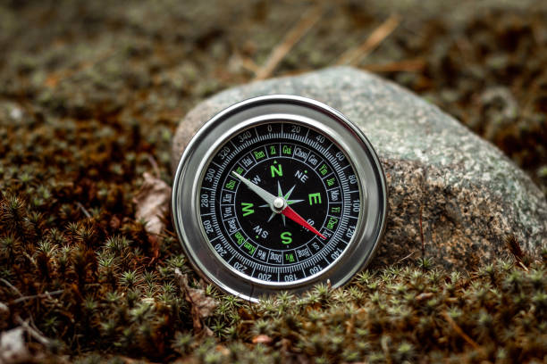 istock Magnetic compass with a black dial on a stone top view. The concept of travel, finding a path, achievement, hiking, vacation. Copy space. 1255842823