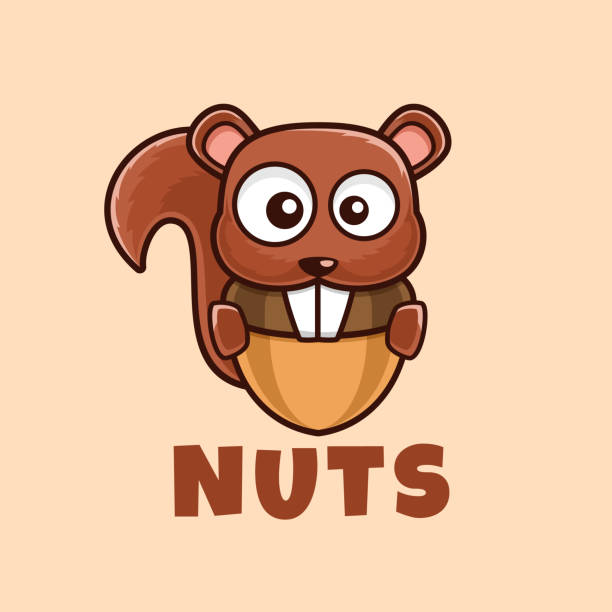 illustrazioni stock, clip art, cartoni animati e icone di tendenza di cartone animato marrone scoiattolo mangiare design logo noci - chipmunk