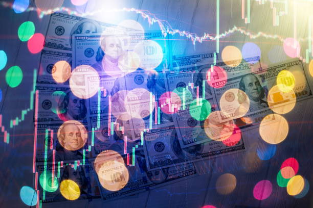 istock Technical price graph and indicator, red and green candlestick chart on blue theme screen, market volatility, up and down trend. Stock trading, crypto currency background. 1255843678
