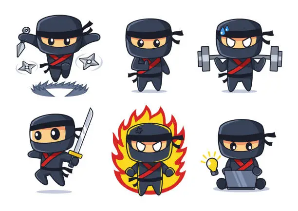 Vector illustration of black Ninja cartoon collection in various poses set