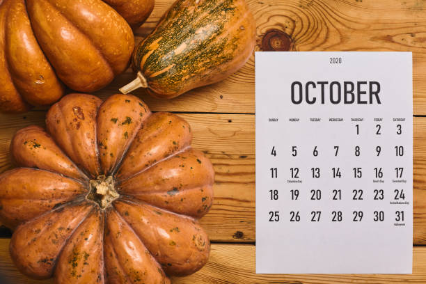 istock October 2020 monthly calendar with Pumpkin on wood 1255843919