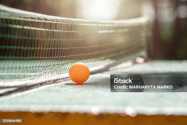 The Concept Of Sports Games Healthy Lifestyle Orange Ball On A Grid Background On A Ping Pong Table Copy Space Soft Focus Stock Photo - Download Image Now