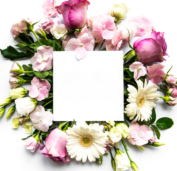 istock Pink flowers in frame with white square for text 1255846119