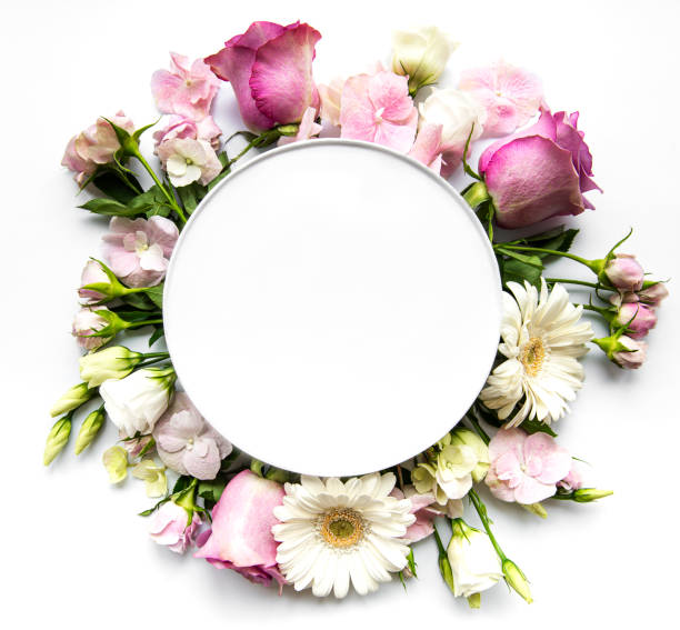 istock Pink flowers in round frame with white circle for text 1255846121