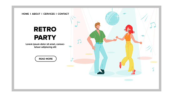 Retro Party Festival Event In Dancing Club Vector. Boy And Girl Dancers On Dance Floor, Music Retro Party With Light, Disco Sphere And Music Notes. Characters Perfomers Web Flat Cartoon Illustration