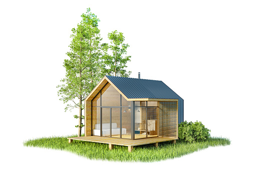Modern small wooden house in the Scandinavian style barnhouse, with a metal roof and large Windows on an island of greenery with trees. On a white background, isolated, 3D illustration
