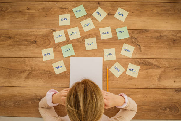 istock Woman brainstorming new ideas about what to write 1255850724