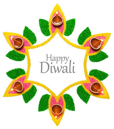 Happy Diwali, oil lamp on colorful rangoli over white background with copy space