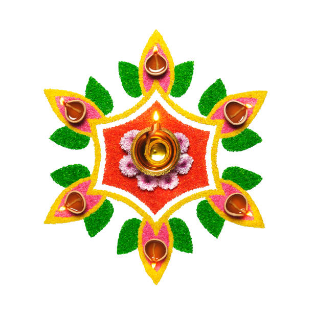 Happy Diwali Oil Lamp On Colorful Rangoli Over White Background Stock Photo  - Download Image Now - iStock