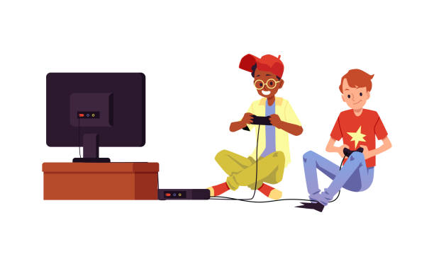 nastolatki grające w gry wideo razem wektor izolowane ilustracje. - video game friendship teenager togetherness stock illustrations