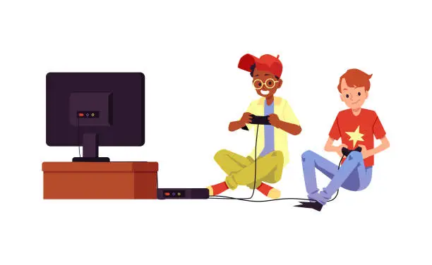 Vector illustration of Teenagers playing video games together-vector isolated illustration.