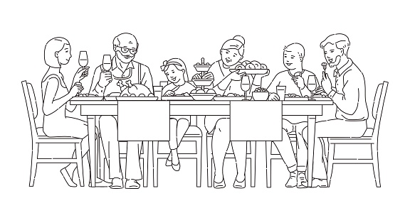 Family having dinner together, vector illustration in thin black line style isolated on white background. Line sketch of family members cartoon character at table.