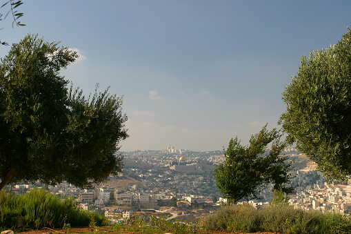 View of Jerusalem from Mount of Olives in Israel in August.