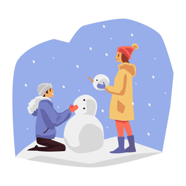 ilustraciones, imágenes clip art, dibujos animados e iconos de stock de ilustración vectorial de un chico y una chica haciendo un muñeco de nieve. - amicably