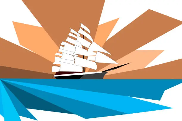 Vector illustration of Large white sailboat and rays.