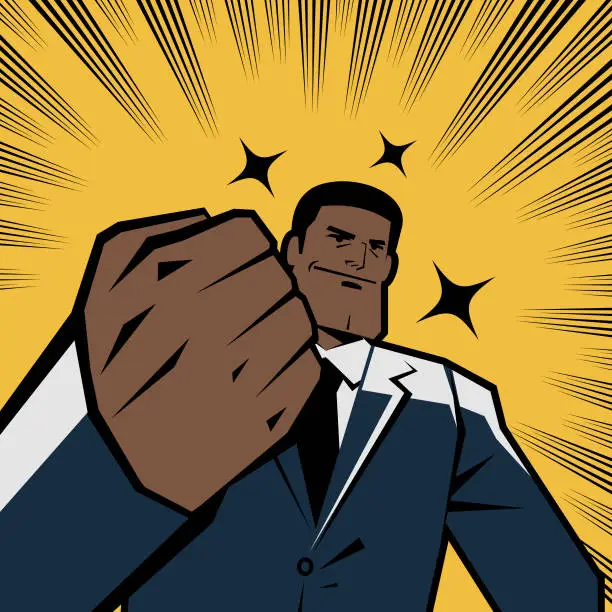 Vector illustration of Successful smiling african-american ethnicity businessman gesturing fist, retro macho