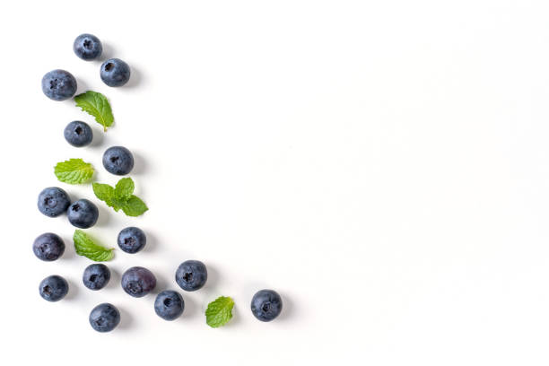 istock Blueberry fruit top view isolated on a white background, flat lay overhead layout with mint leaf, healthy design concept. 1255857123