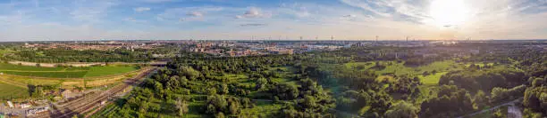 View on Antwerp North area, with city and harbor in far distance, nature park oude landen in foreground. Travel and Tourism.