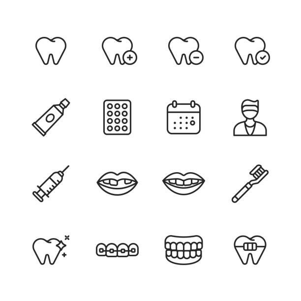 dental line icons. bearbeitbarer strich. pixel perfekt. für mobile und web. enthält symbole wie zahn, schutz, zahnpasta, pille, kalender, zahnarzt, spritze, anästhesie, lächeln, zahnaufhellung, zahnreinigung, zahnersatz, implantat, zahnspangen, zahnspa - x ray dental hygiene dentist x ray image stock-grafiken, -clipart, -cartoons und -symbole