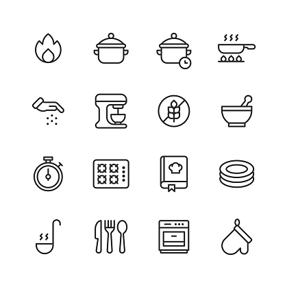 16 Cooking Outline Icons. Fire, Pot, Cooking Time, Frying Pan, Frying, Seasoning, Relish, Spice, Mixer, Gluten Free, Bowl, Mixing, Gas Stove, Cooking Book, Recipe, Dishes, Soup, Cutlery, Fork, Knife, Spoon, Oven Glove.