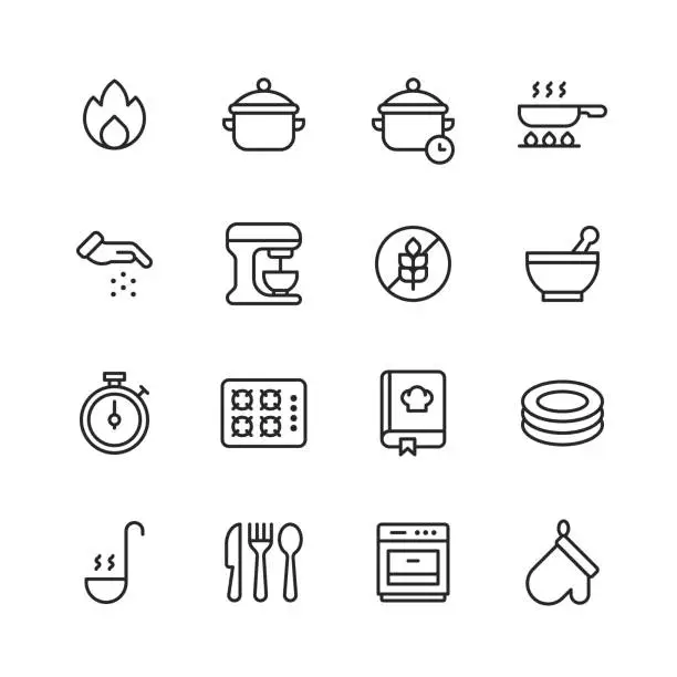 Vector illustration of Cooking Line Icons. Editable Stroke. Pixel Perfect. For Mobile and Web. Contains such icons as Fire, Pot, Frying Pan, Frying, Seasoning, Relish, Spice, Mixer, Gluten Free, Bowl, Gas Stove, Recipe, Dishes, Soup, Cutlery, Fork, Knife, Spoon, Oven Glove.