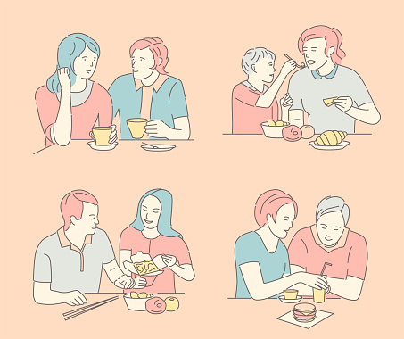 People sitting at the table and eats various dishes. Set of people at restaurant or cafe. Humans eating different food. Collection male and female characters enjoying time together.Vector illustration