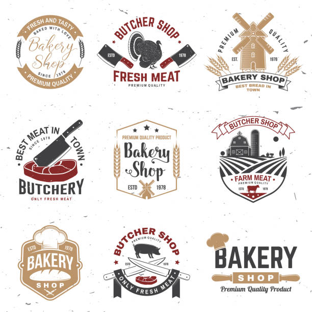 Set of butcher shop and Bakery shop badge, label. Vector. Vintage logo design with cow, turkey, rolling pin, pig, pork, silhouette. For restaurant identity objects, packaging, menu Set of butcher shop and Bakery shop badge, label. Vector. Vintage typography logo design with cow, turkey, rolling pin, pig, pork, dough, silhouette. For restaurant identity objects, packaging, menu chef silhouettes stock illustrations