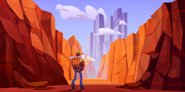 Hiker man with map on desert road in canyon with red mountains. Vector cartoon landscape of nature park with stone cliffs, rocks and tourist backpack for hiking in gorge