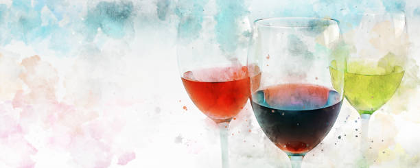 Watercolor effect of three glasses of wine Three glasses of wine on colorful background with copy space. Watercolor effect applied. slovenia photos stock pictures, royalty-free photos & images
