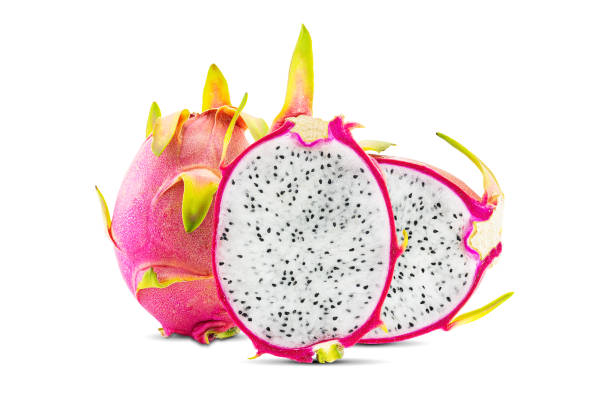 istock Dragon fruit whole and half isolated on white background with clipping path 1255868692