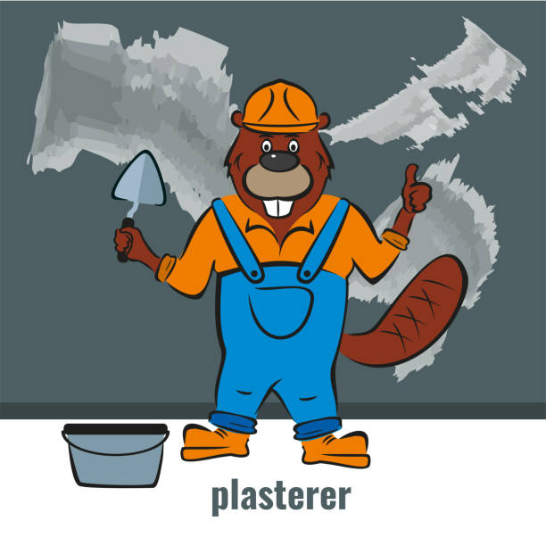 illustrations, cliparts, dessins animés et icônes de beaver, un constructeur, tient un outil dans sa main. - plasterer working coveralls plaster