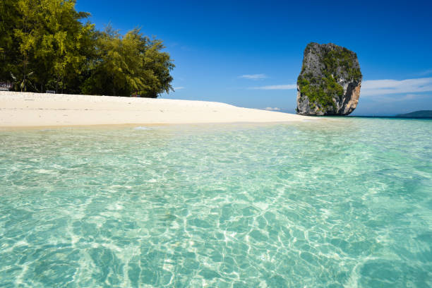 Small island near sandy beach in crystal clear sea water