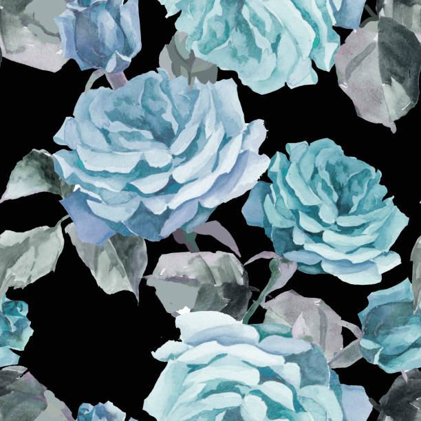 Watercolor blue roses on black background seamless pattern Hand painted watercolor blue roses on black background seeamless pattern for all prints blue rose against black background stock illustrations