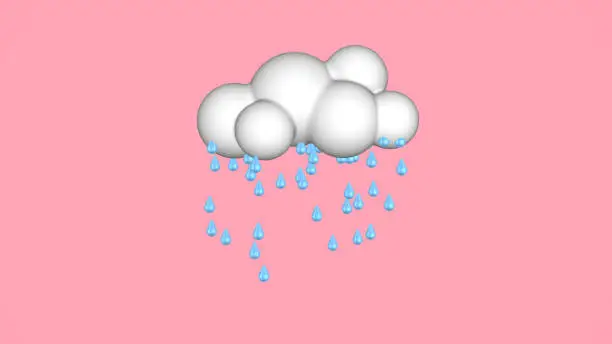 Photo of 3d rendering cloud and rain. Pop art motion animation. Minimal cartoon style.