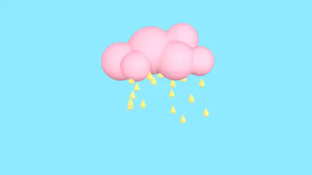 Photo of 3d rendering rainy cloud. Minimal cartoon style. Pop art motion animation.