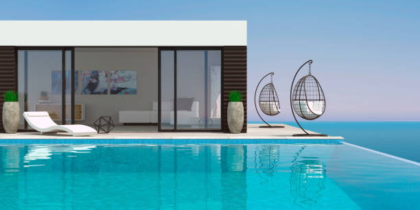 istock Sea modern villa with pool and sunbeds 1255872149