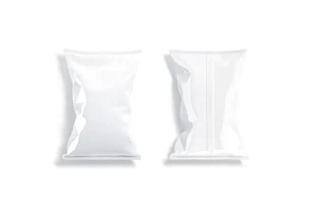 Blank white foil big chips pack mock up, top view, 3d rendering. Empty polythene sachet package for crackers mockup, front and back, isolated. Clear popcorn or nachos packet mokcup template.