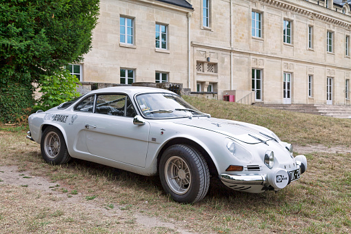 Lamorlaye, France - July 05 2020: The Alpine A110-1100, equipped with a 1,108 cc engine, was produced from 1967 to 1970.