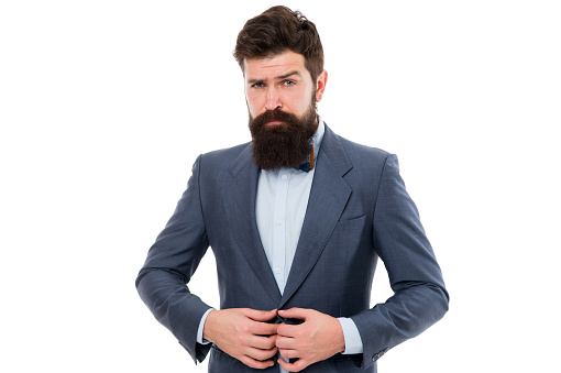 Elegancy and male style. Businessman or host fashionable outfit isolated white. Fashion concept. Classy style. Man bearded hipster wear classic suit outfit. Formal outfit. Take good care of suit.