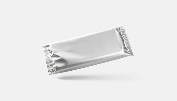 Blank silver chocolate bar foil wrap mockup, gray background