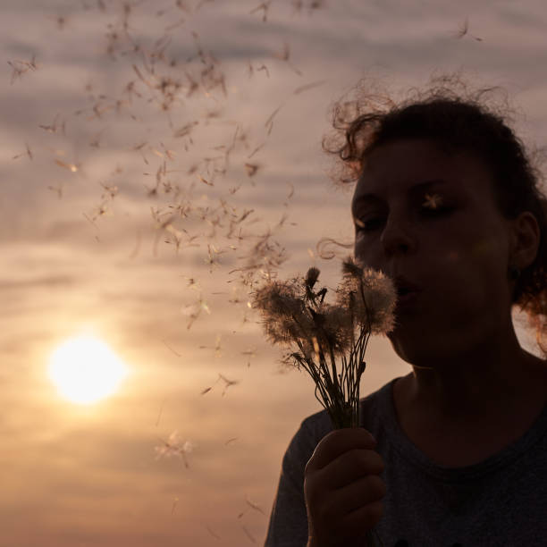 istock Woman blowing on dandelions at sunset, summer fun. 1255874856