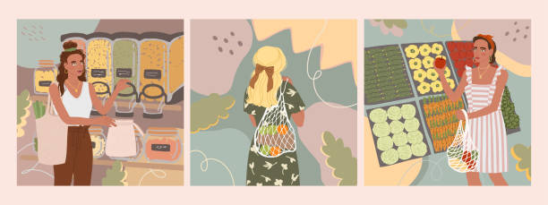 エコバッグを持つかわいい若い女の子のイラストは、ゼロ廃棄物店で食べ物を購入します - dried food food backgrounds food and drink food点のイラスト素材／クリップアート素材／マンガ素材／アイコン素材