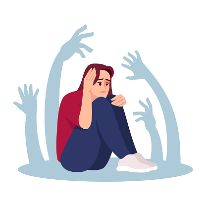 Girl with social phobia semi flat RGB color vector illustration. Stressed woman with psychological problems isolated cartoon character on white background. Irrational fear, psychosis, mental disorder