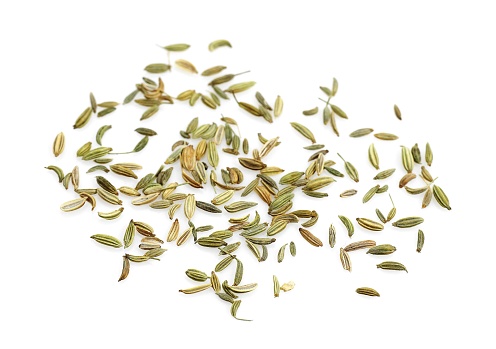 Seeds of Fennel, foeniculum vulgare against White Background