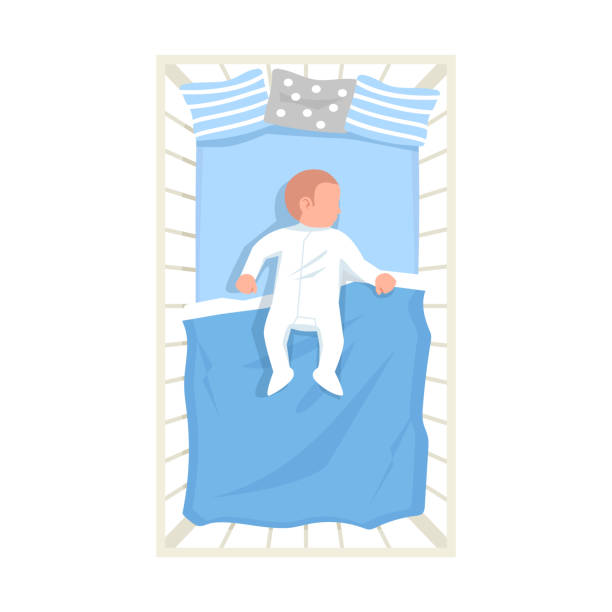 ilustraciones, imágenes clip art, dibujos animados e iconos de stock de bebé en la cama semi plano rgb color ilustración vectorial - cot