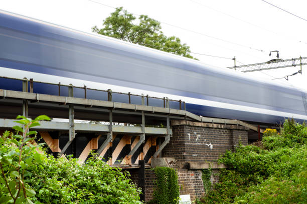 istock Fast train travelling over bridge in countryside with motion blur 1255879145