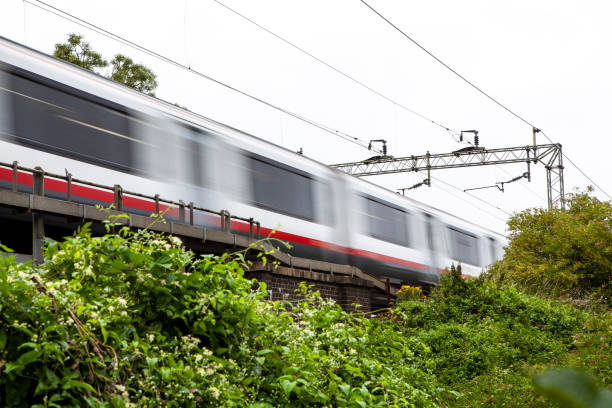 istock Fast train travelling over bridge in countryside with motion blur 1255879838