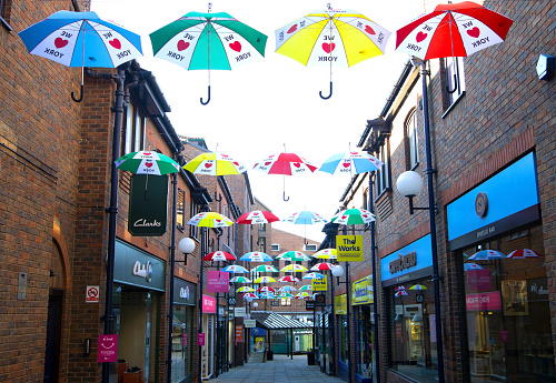 A memorable 'We love York' umbrella display, lifts the Coppergate Shopping Centre, in York, North Yorkshire, England, on Sunday 12th July, 2020.