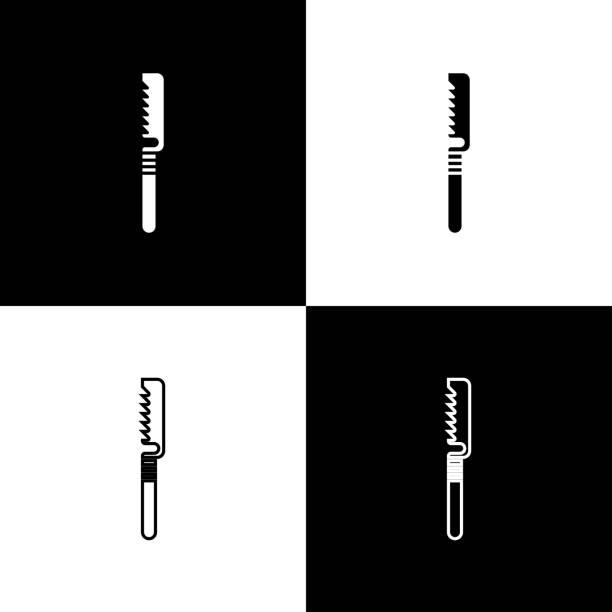 黒と白の背景に分離された医療ソーアイコンを設定します。骨切断肢切断のために、そして骨の接ぎ木の前に設計された外科の鋸。ベクトルの図 - engraved image surgery isolated metal点のイラスト素材／クリップアート素材／マンガ素材／アイコン素材