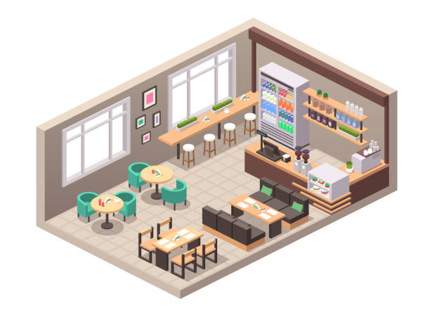 Vector realistic illustration isometric cafe Vector realistic illustration of cafe or cafeteria. Isometric view of interior, tables, sofa, seats, counter, cash register, cakes desserts in showcase, bottled drinks on shelve, coffee machine, decor banquet chairs stock illustrations